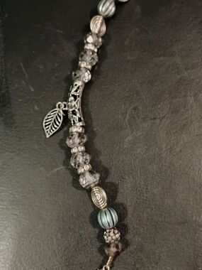 Hand Crafted Silver-Tone Gray Beaded Bracelet with Leaf Charm